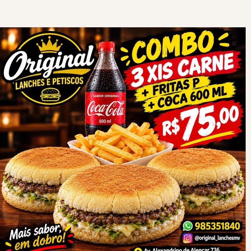 3 Xis Carne + Fritas P + Coca 600ml