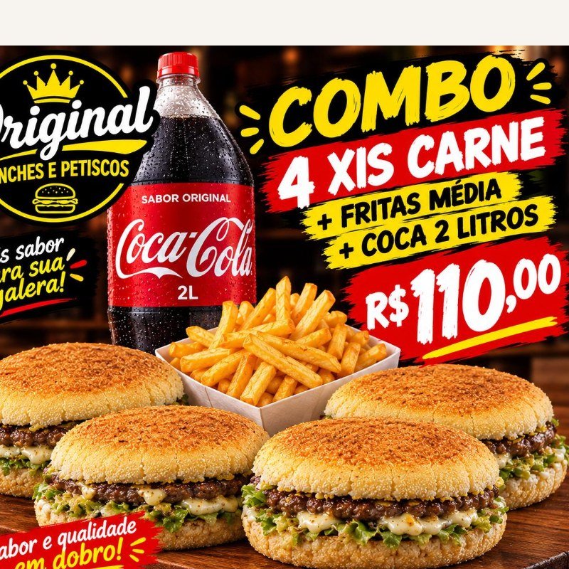 4 Xis Carne + Fritas Media +  Coca 2 Litros